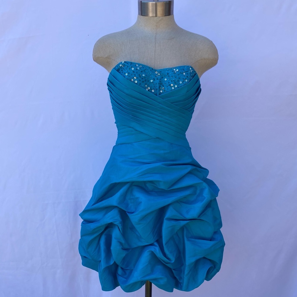 Formal strapless blue rhinestone dress